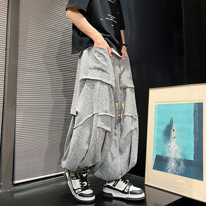 新中式暗黑D冰丝垂感折褶小众设计宽松阔腿裤男K227-P70控88图片