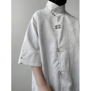 新中式风O缎面提花暗纹立领小众冰丝金属扣衬衫男CS32-P78控98，男装衬衫，电商A005-1