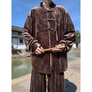 新中式K盘扣小众设计龙纹暗花金丝绒衬衫夹克外套男JK27-P68控88图片