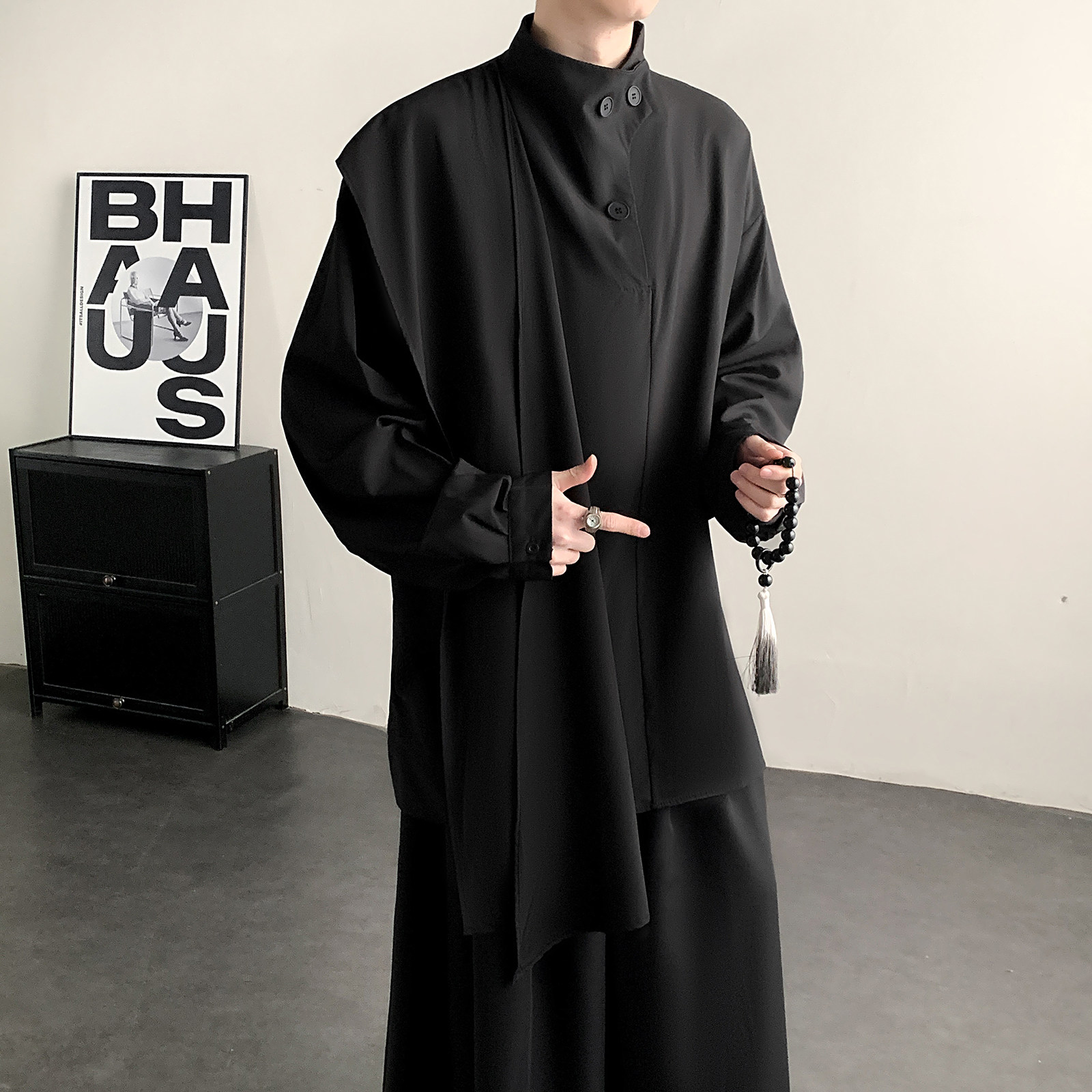 风纽扣复古半高领衬衫极简拼接围布新中式上衣T16-P65控88，男装T恤，电商A005-1