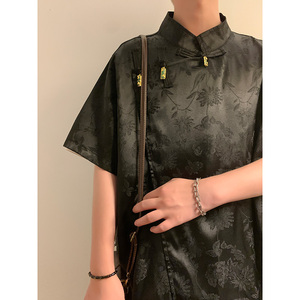 新中式C风斜襟盘扣花卉暗纹冰丝中山装金属扣衬衫CS71-P70控98图片
