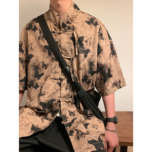 新中式L盘扣短袖衬衫男改良汉服唐装蝴蝶印花外套CS56-P65控88图片