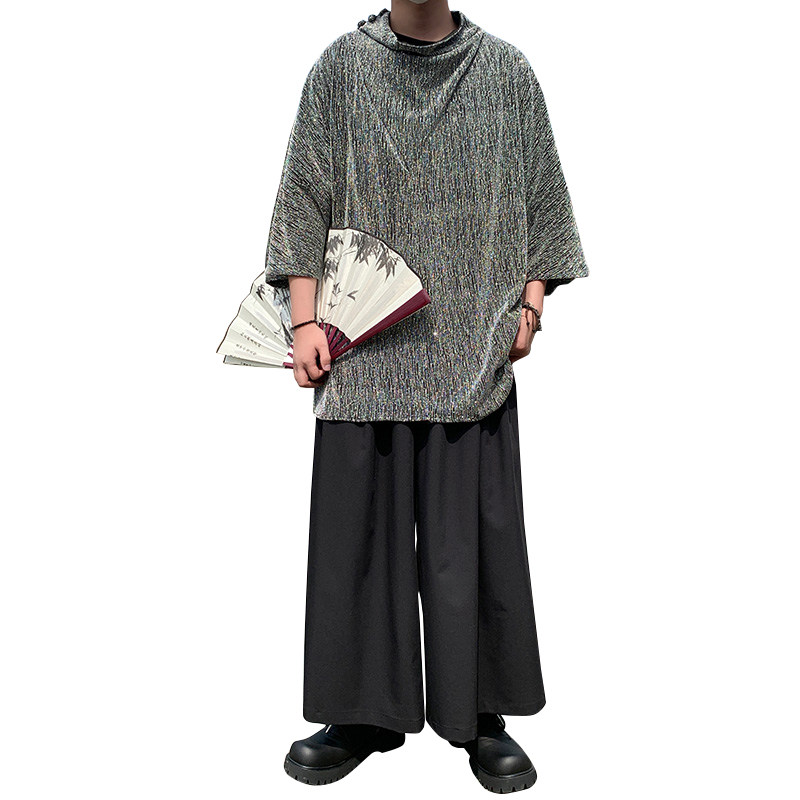 新中式A暗黑亮闪闪高堆领t恤小众设计裙裤男套装TZ93-P133控158,男装T恤,电商A005-1
