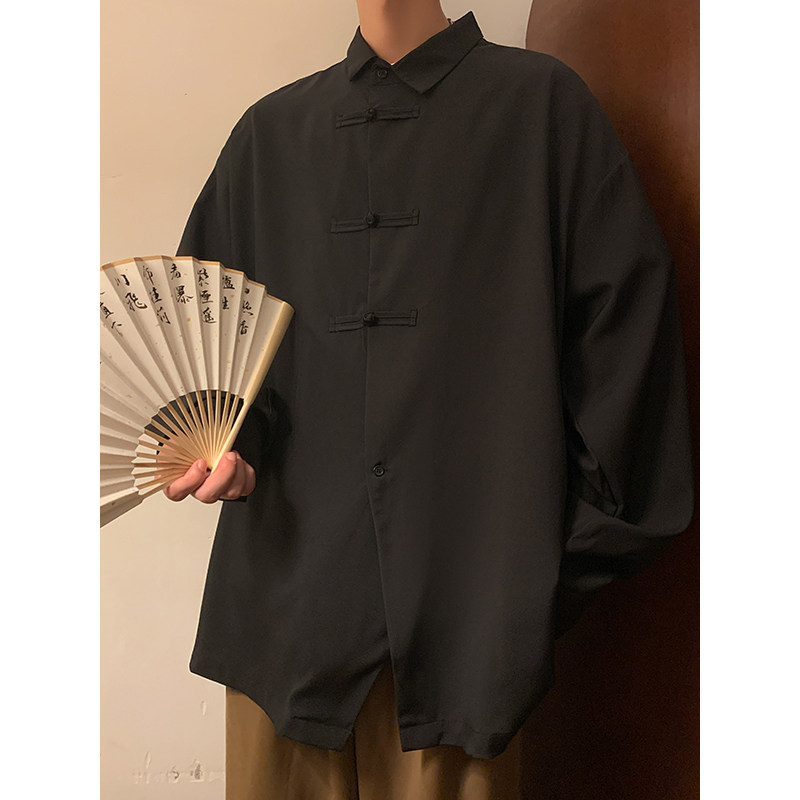 新中式E风暗黑盘扣设计感小众长袖冰丝衬衫t桖男CS07-P65控88,男装T恤,电商A005-1