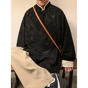新中式F斜襟盘扣龙纹灯芯绒中山装立领夹克外套男JK20-P105控138图片