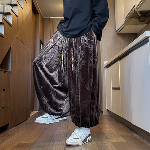 风N纹暗纹新中式保暖金丝绒阔腿束脚裤男K255-P68控88图片