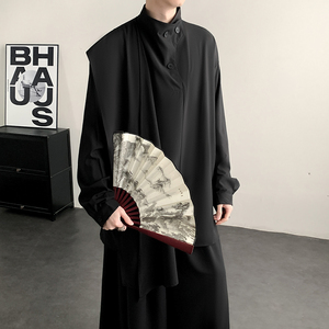 风纽扣复古半高领衬衫极简拼接围布新中式上衣T16-P65控88，男装T恤，电商A005-1