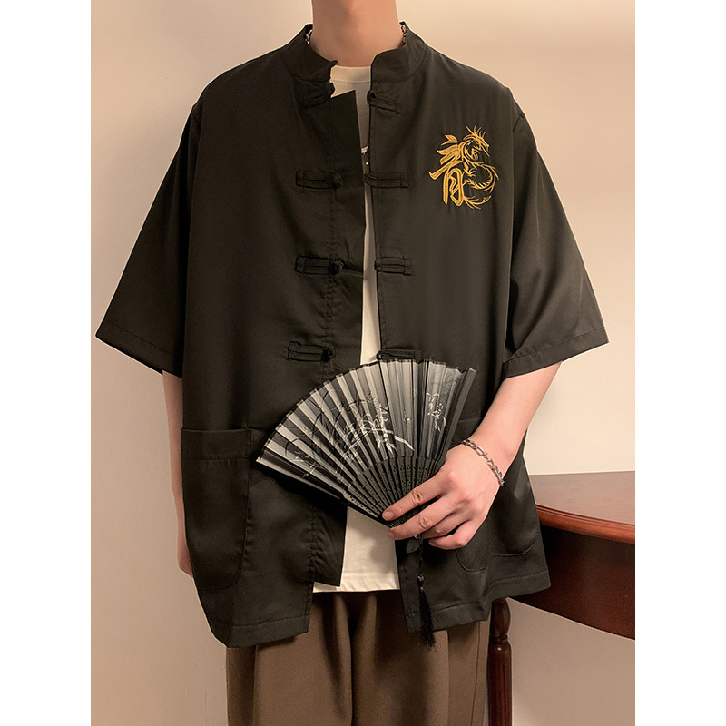 新中式风盘扣冰丝龙字刺绣太极服装坠感A衬衫男A005-JK08-P55,男装衬衫,电商A005-1