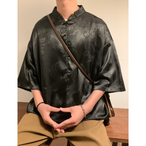 新中式A风小高领拉链领提花小众设计龙纹冰丝t恤T62-P70控98图片