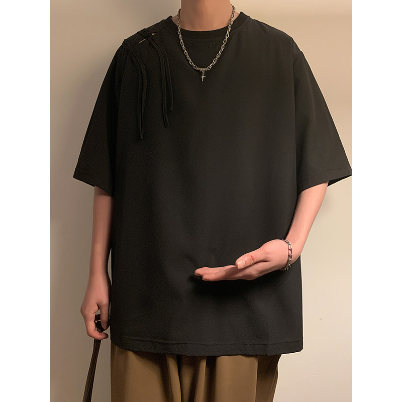 新中式E肩膀盘扣设计暗黑风冰丝圆领短袖t桖男T52-P55控78,男装T恤,电商A005-1