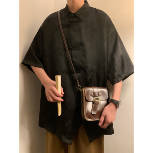 新中式B风暗黑盘扣小众树叶提花冰丝短袖衬衫男CS51-P65控88图片