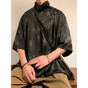 潮酷暗黑A小高领堆堆领印花树叶小众设计冰丝t恤T63-P80控108图片