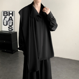 风纽扣复古半高领衬衫极简拼接围布新中式上衣T16-P65控88，男装T恤，电商A005-1