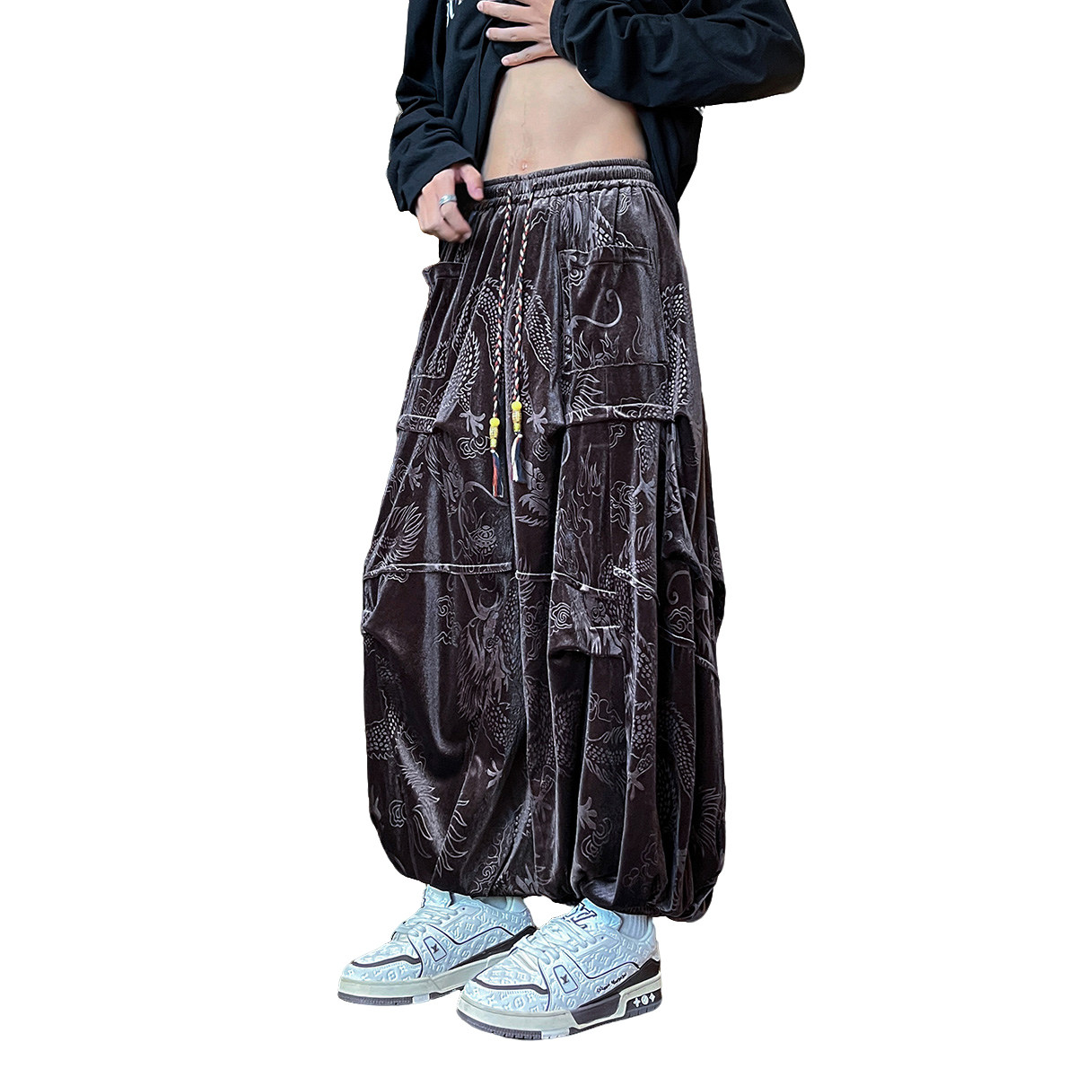 新中式J风金丝绒龙纹垂感折褶小众设计阔腿裤男K258-P78控98,男装休闲裤,电商A005-1