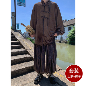新中式A盘扣龙纹金丝绒衬衫夹克折褶阔腿裤套装男TZ181-P146控168图片