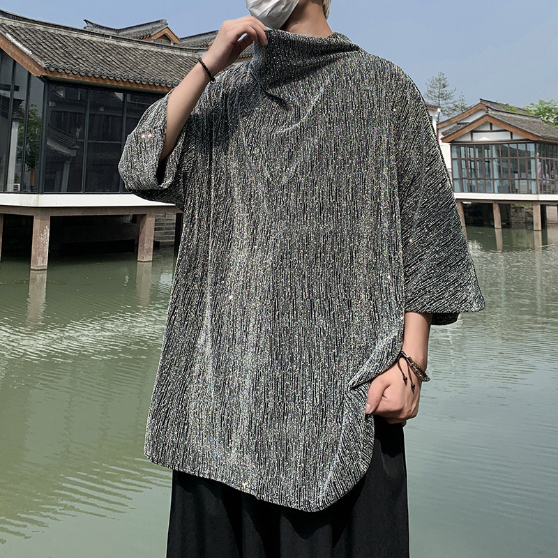 风新中式A暗黑舞台演出亮闪闪设计感高堆领短袖t恤T55-P65控88,男装T恤,电商A005-1