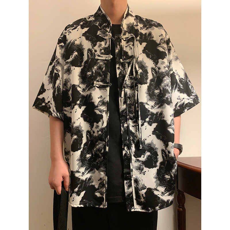 新中式风A盘扣小众设计扎染水墨冰丝短袖衬衫男CS36-P65控88,男装T恤,电商A005-1