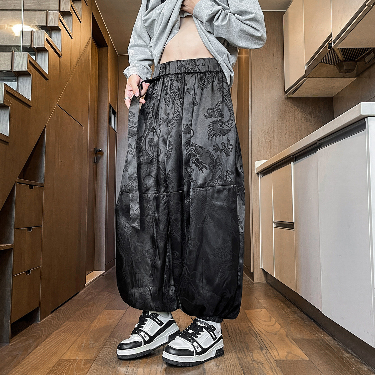 风暗纹龙纹冰丝腰带九分裤男大桶裤宽松萝卜裤K253-P68控88，男装休闲裤，电商A005-1