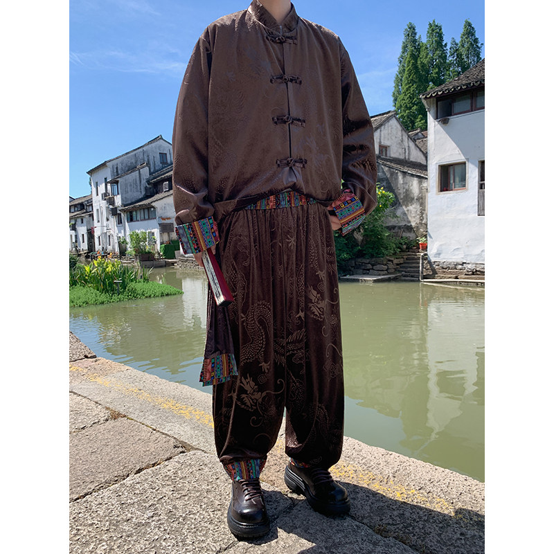 新中式B民族风金丝绒龙纹夹克舞蹈阔腿裤套装男TZ175-P143控168,男装休闲套装,电商A005-1