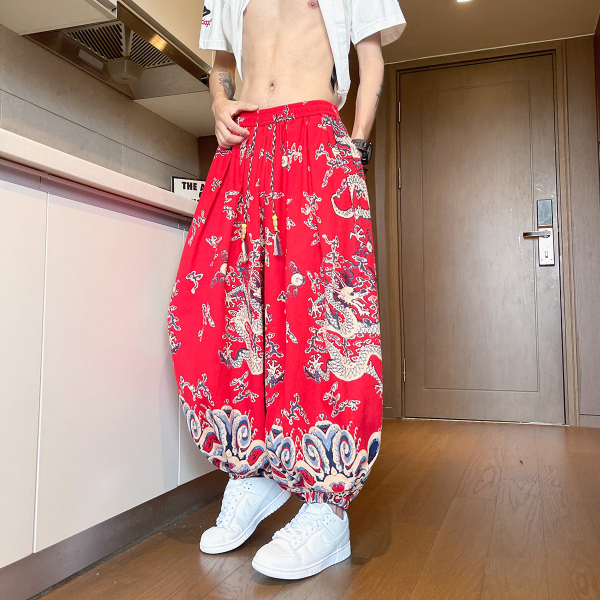 风G龙纹沙滩裤男春夏阔腿裤哈伦九分裤男士长裤K239-P58控78,男装休闲裤,电商A005-1