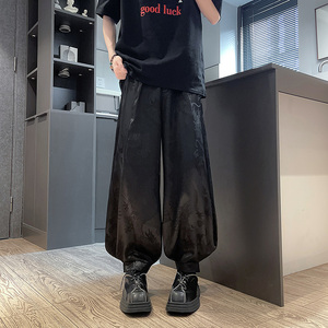 风C冰丝龙纹暗花九分裤男宽松裤长裤萝卜束脚裤K211-P68控88图片