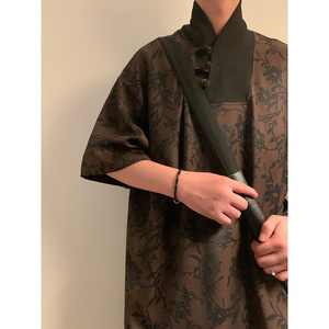 风新中式D盘扣大V领唐装树叶印花短袖t桖复古民族风T58-P68控88图片