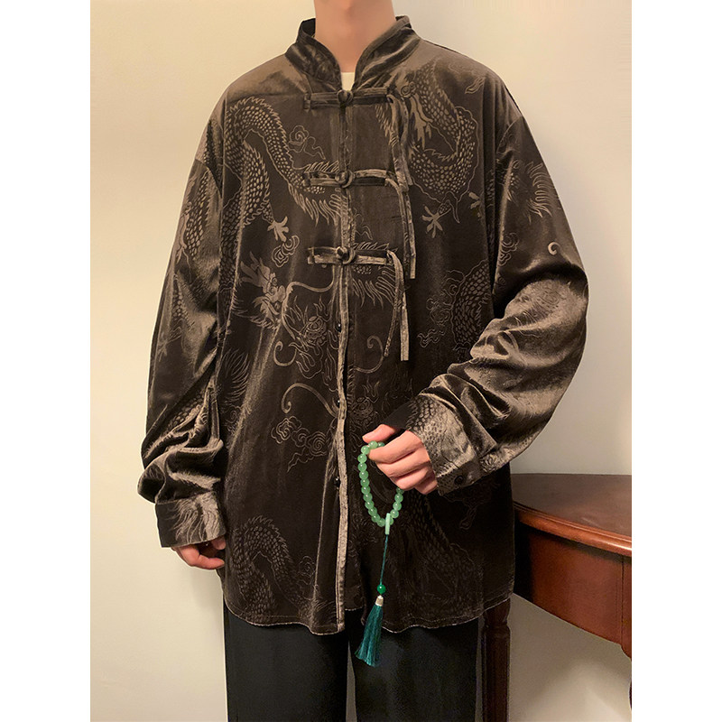 新中式A盘扣小众设计龙纹暗花金丝绒衬衫夹克外套男JK27-P68控88,男装夹克,电商A005-1