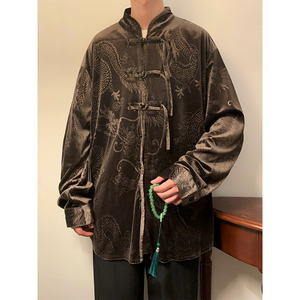 新中式E盘扣小众设计龙纹暗花金丝绒衬衫夹克外套男JK27-P68控88图片