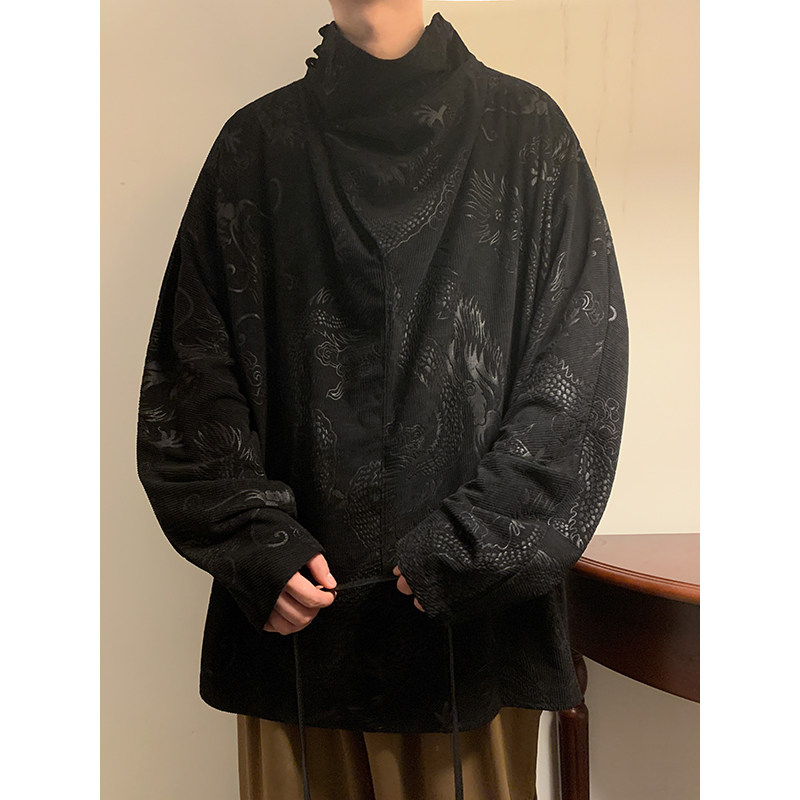 套头卫衣A龙纹灯芯绒风小众堆堆领T恤打底衫男T61-P68控88,男装T恤,电商A005-1