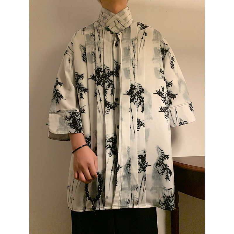 新中式C风树叶冰丝复古珍珠扣立领小众中袖衬衫男CS67-P70控98,男装衬衫,电商A005-1