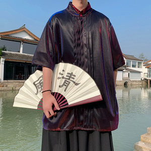 改良新中式A褶皱设计舞台亮闪闪冰丝酒吧演出衬衫CS55-P68控88图片