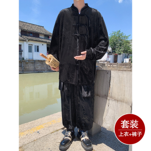 新中式B盘扣龙纹金丝绒外套男哈伦裤飞鼠裤套装男TZ182-P136控158图片