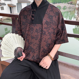 风新中式B盘扣大V领唐装树叶印花短袖t桖复古民族风T58-P68控88，男装T恤，电商A005-1