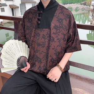 风新中式B盘扣大V领唐装树叶印花短袖t桖复古民族风T58-P68控88图片