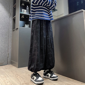 风新中式F保暖树叶印花纹灯芯绒阔腿束脚裤男K199-P68控88图片