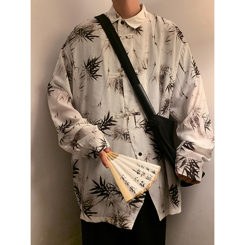 新中式风A冰丝水墨竹子树叶盘扣小众设计衬衫t恤男CS19-P68控88,男装T恤,电商A005-1