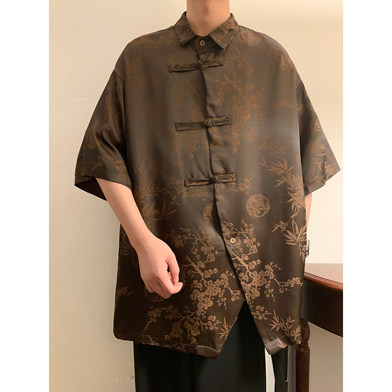 新中式F风盘扣小众设计树叶提花暗纹冰丝衬衫男CS50-P68控88图片