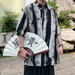改良风新中式A水墨扎染渐变条纹盘扣冰丝短袖衬衫CS59-P58控78图片