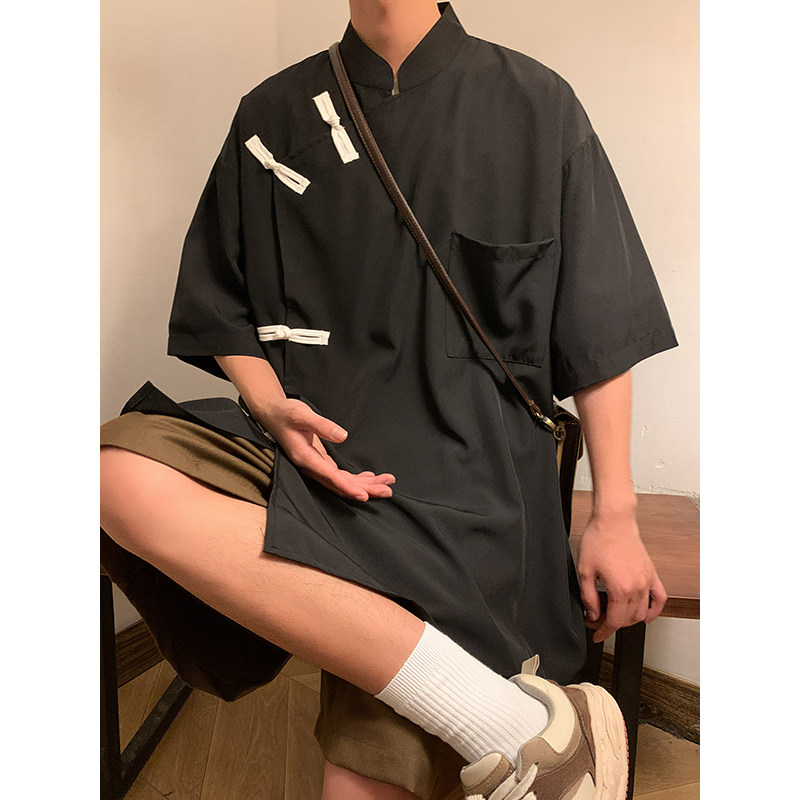 风O新中式风暗黑盘扣短袖冰丝衬衫t恤男CS05-特P45控68图片