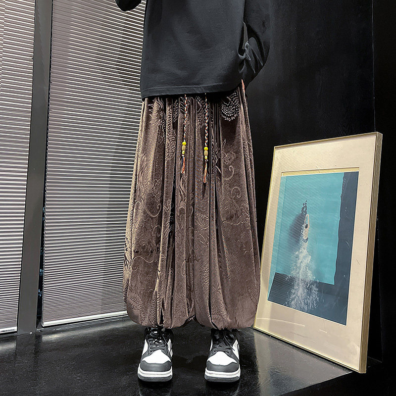 风E龙纹暗纹新中式保暖金丝绒阔腿束脚裤男K255-P68控88,男装棉衣,电商A005-1