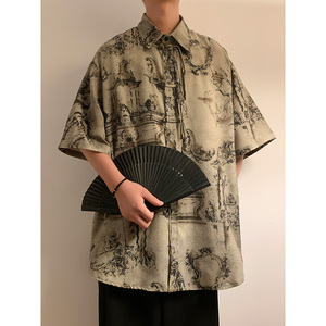 新中式B盘扣短袖衬衫男汉服唐装中山装树叶印花外套CS68-P70控98图片