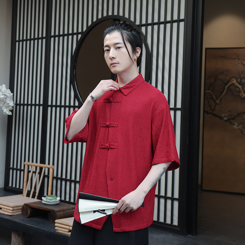 风I衬衫男士斜门襟冰丝条纹理垂感短袖外套男CS30-P68控88,男装T恤,电商A005-1