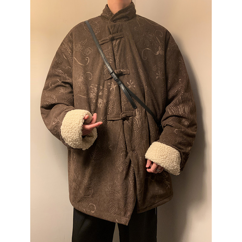 新中式G斜领盘扣龙纹暗花灯芯绒羊羔毛夹克棉衣服JK19-P135控158图片