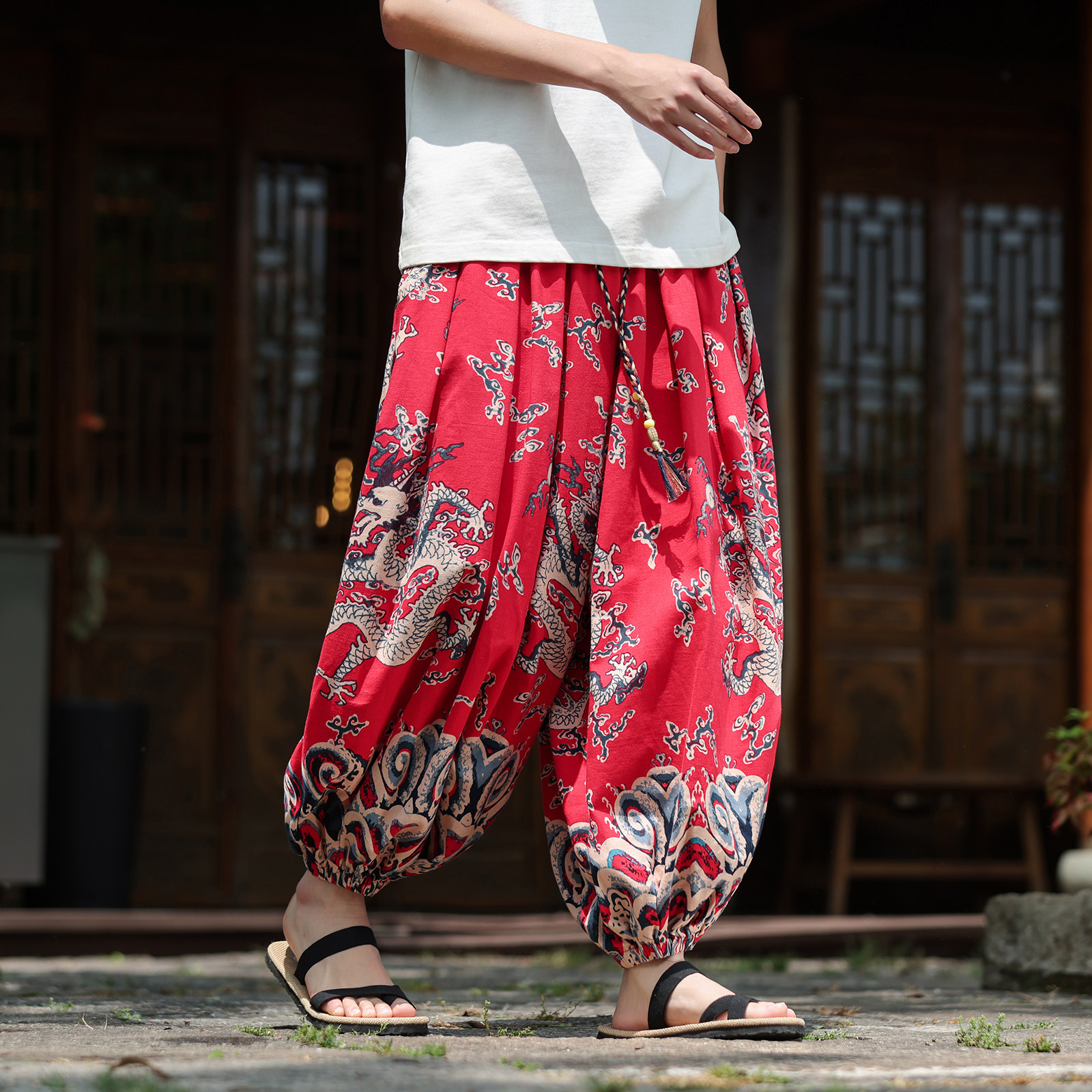 风C龙纹沙滩裤男春夏阔腿裤哈伦九分裤男士长裤K239-P58控78,男装休闲裤,电商A005-1