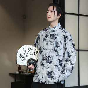 新中式L盘扣长袖衬衫男改良汉服唐装蝴蝶印花外套CS28-P68控88图片