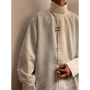 新中式E风缎面提花暗纹立领小众金属扣盘扣衬衫男CS13-P80控98，男装衬衫，电商A005-1