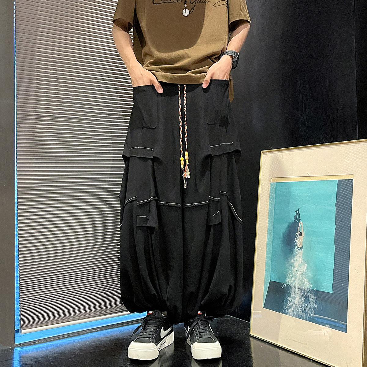 风G亚麻棉麻冰感折褶小众设计宽松阔腿裤男K229-P78控98,男装休闲裤,电商A005-1