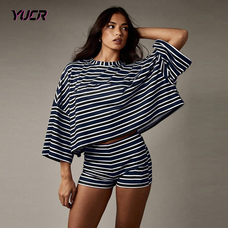 YUCR 夏季圆领短袖T恤女美式复古条纹撞色潮流宽松休闲运动套装