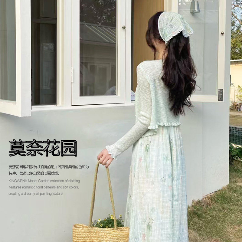 女夏季套装2025新款裙子小清新甜美莫奈花园碎花吊带连衣裙小个子