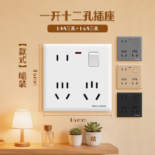 86型10A-16A一开十二孔开关插座
